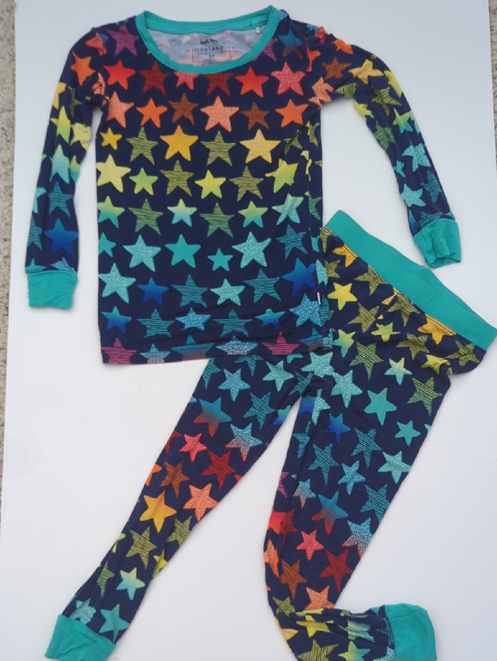 Little Sleepies  2 pc Pajamas Turquoise & Navy Rainbow Stars Pattern Size 3T